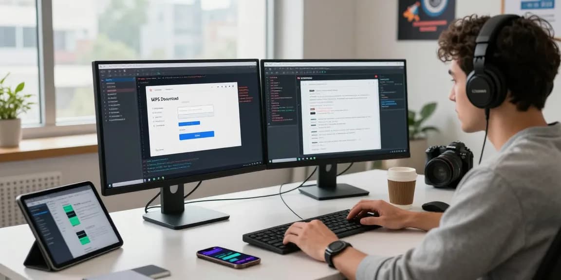 WPS Download interface on a developer's dual screens in a modern workspace, showcasing productivity.