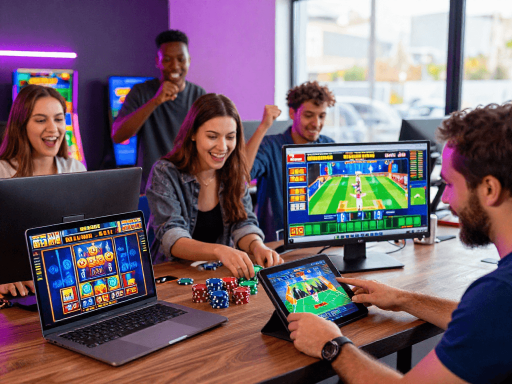 Exciting scene of diverse players gambling online in Canada, showcasing casino and sports betting activities.