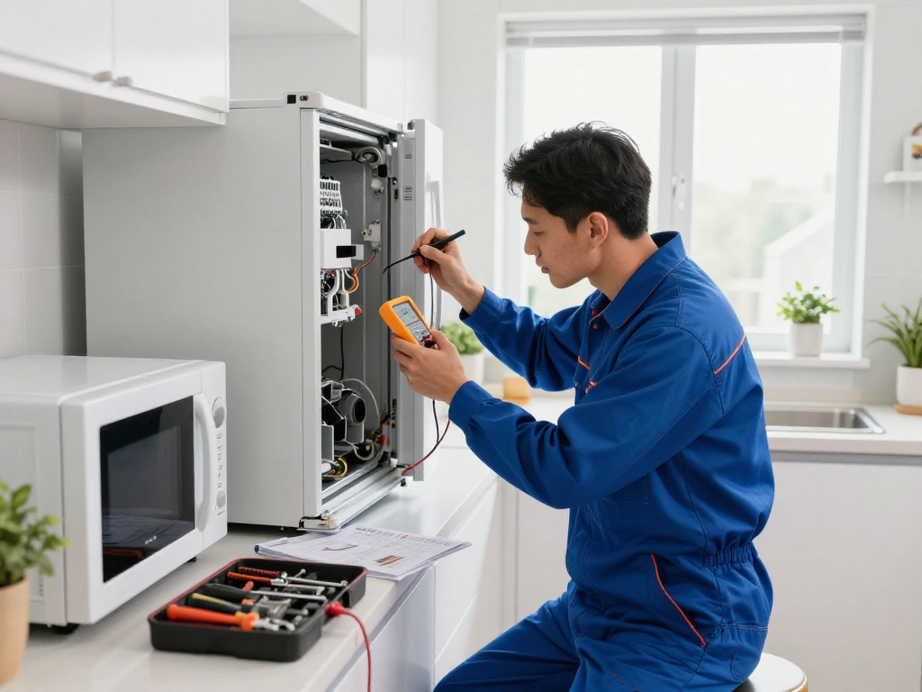 Technician performing appliance maintenance on a refrigerator in a bright kitchen, ensuring optimal performance.