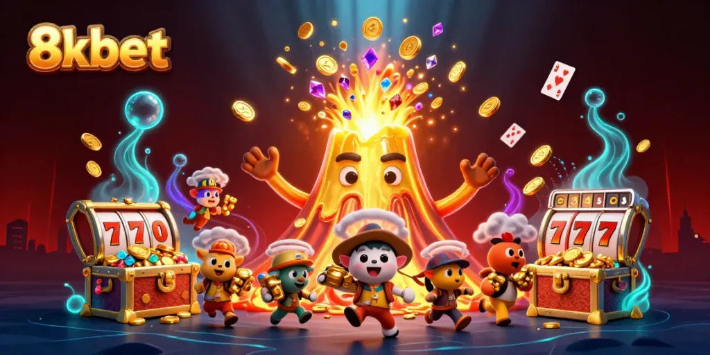 Experience the thrill of 8xbet with a golden volcano, treasure-laden animals, and vibrant slot elements.