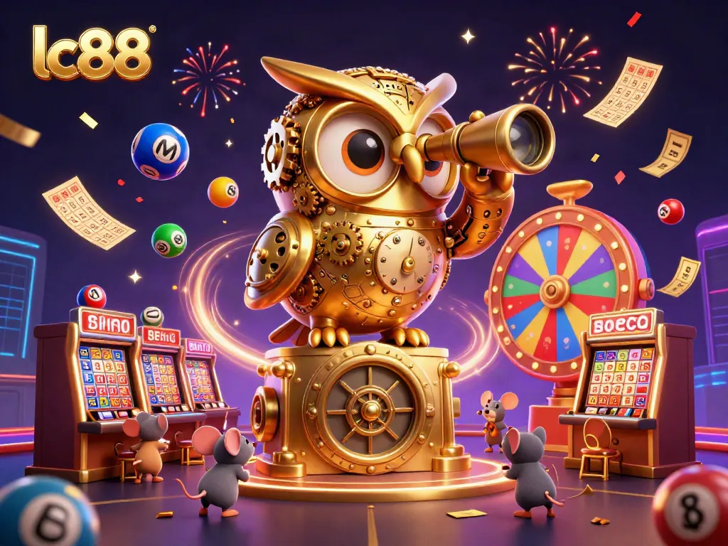 Engage with the vibrant lc88 casino floor featuring a golden owl, lively patrons, and dynamic lottery balls.