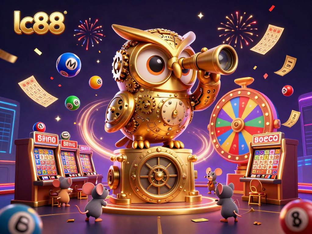Engage with the vibrant lc88 casino floor featuring a golden owl, lively patrons, and dynamic lottery balls.
