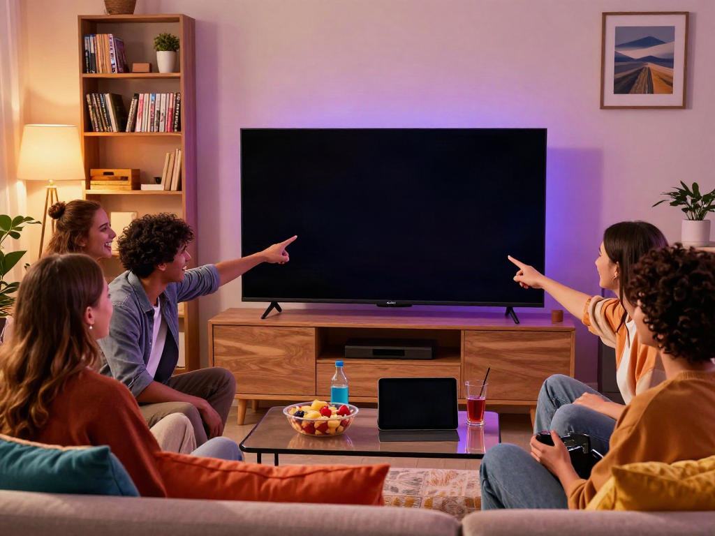 Friends enjoying movie night using FilmyZilla APK on smart TV in a cozy living room.