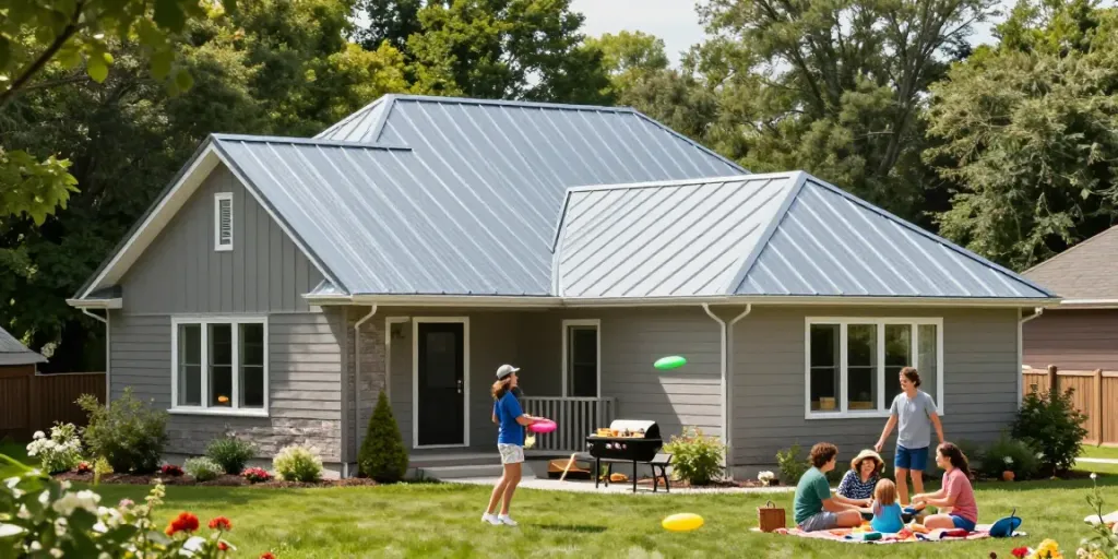 Metal Roofing Ontario showcased on a family home with vibrant landscaping.