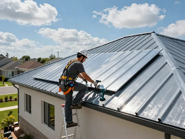 M Roof metal roofing installation in a suburban home with a contractor at work.