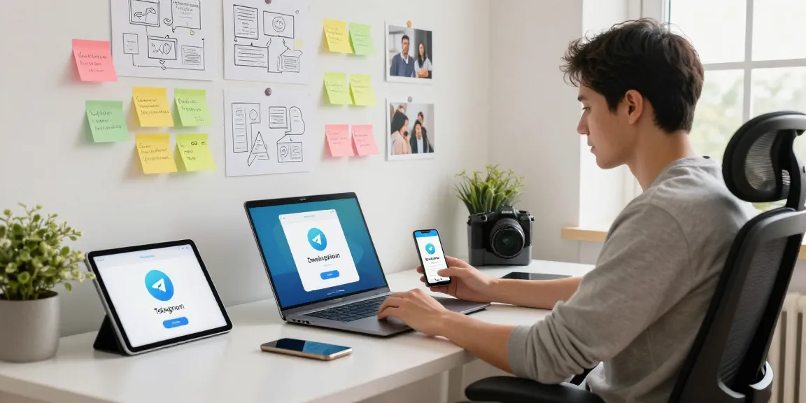 Telegram download process in a modern workspace with laptop and devices.