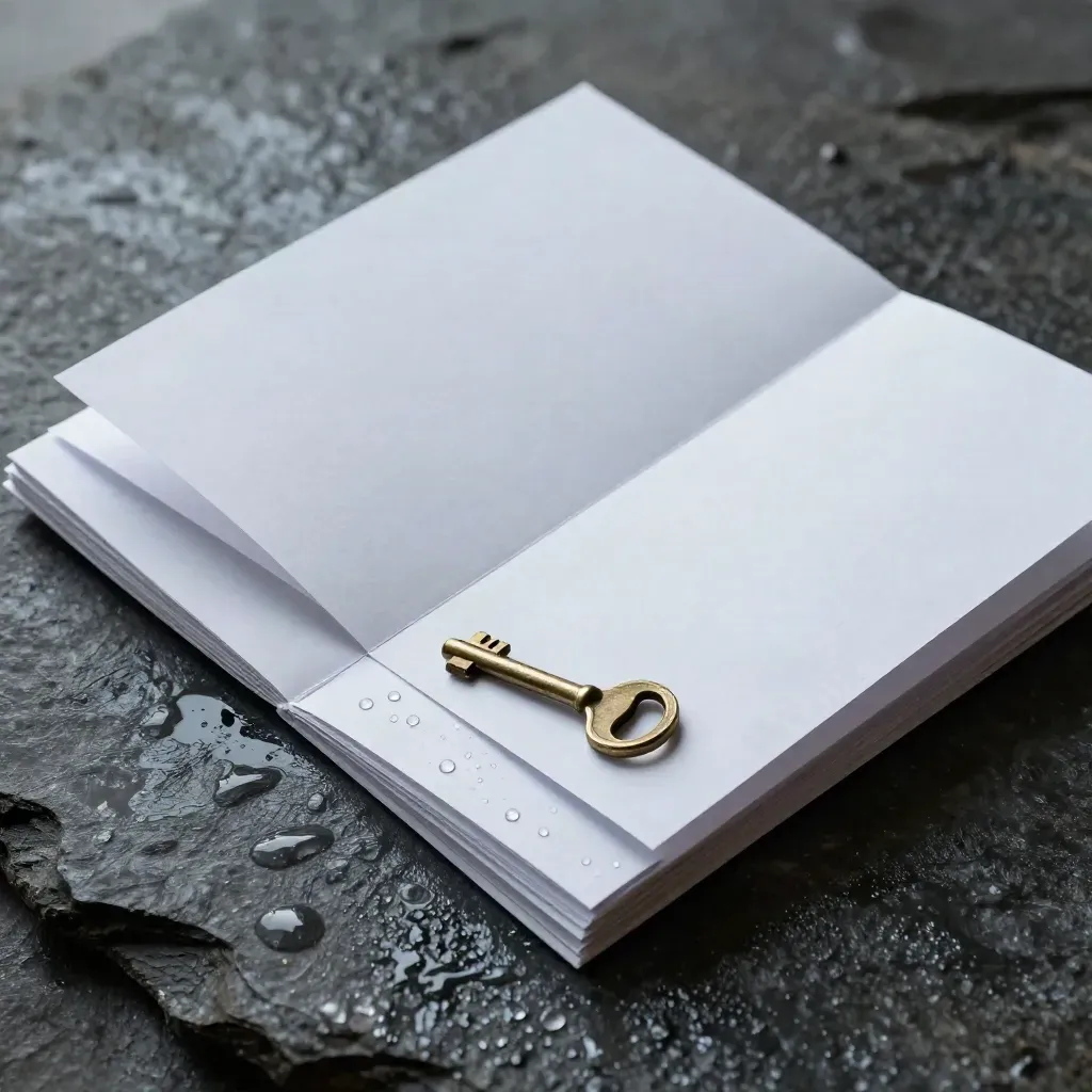 Matte white buyer search packet, folded maps, brass key and wet slate stone in cool rain mist.
