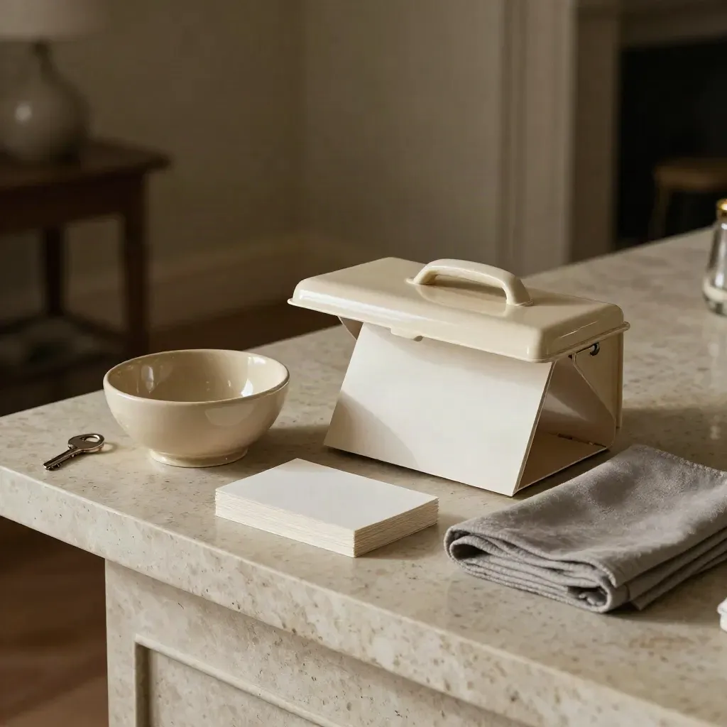 Open cream real estate buyer pack with key bowl, tab stack, and cloth on travertine console.