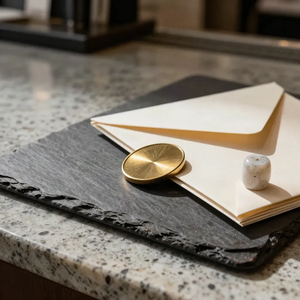 Macro of a slate mortgage referral bundle with brass token, sealed envelope and stone paperweight.