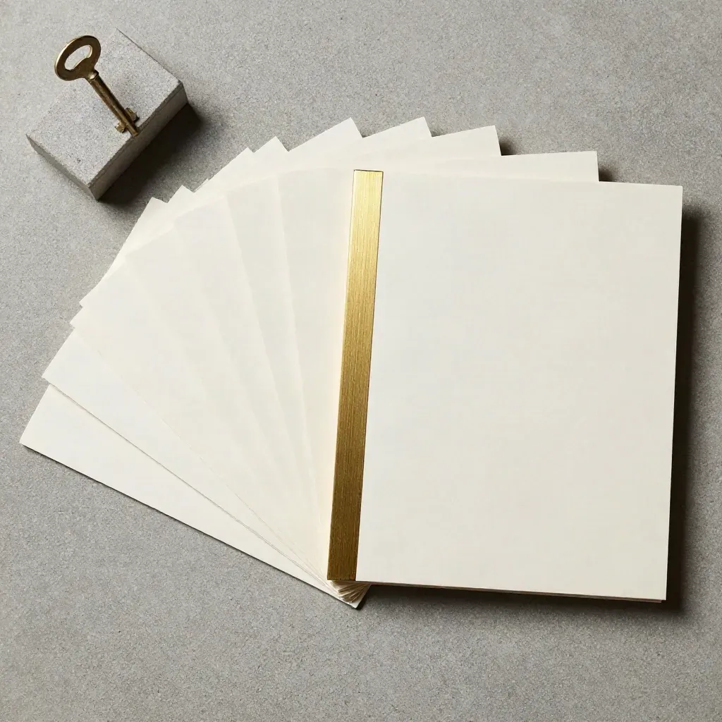 Overhead flatlay of a market-price report folio with pale cards, brass divider and stone paperweight.
