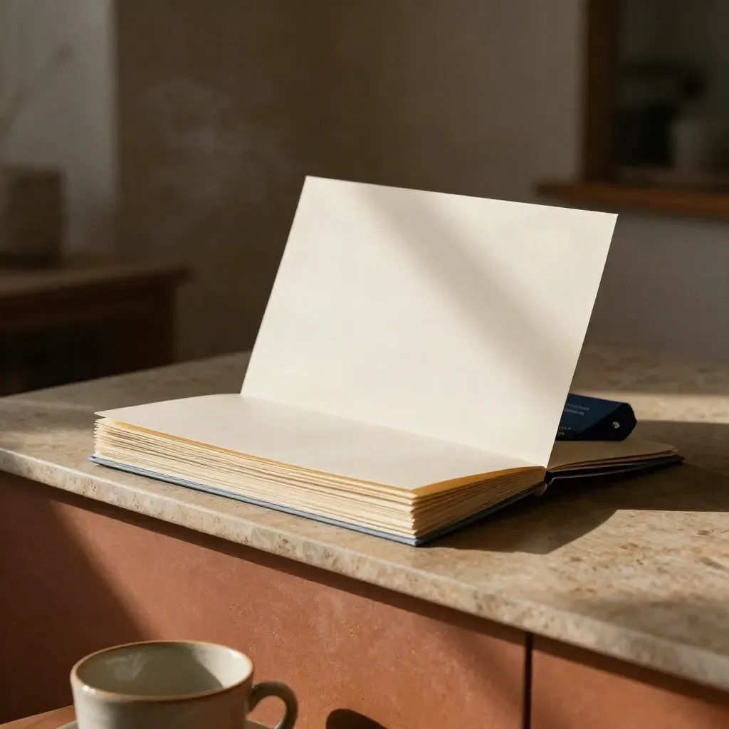 Pale price-check packet on a terracotta console with a blurred cup base and turned-away key tag.