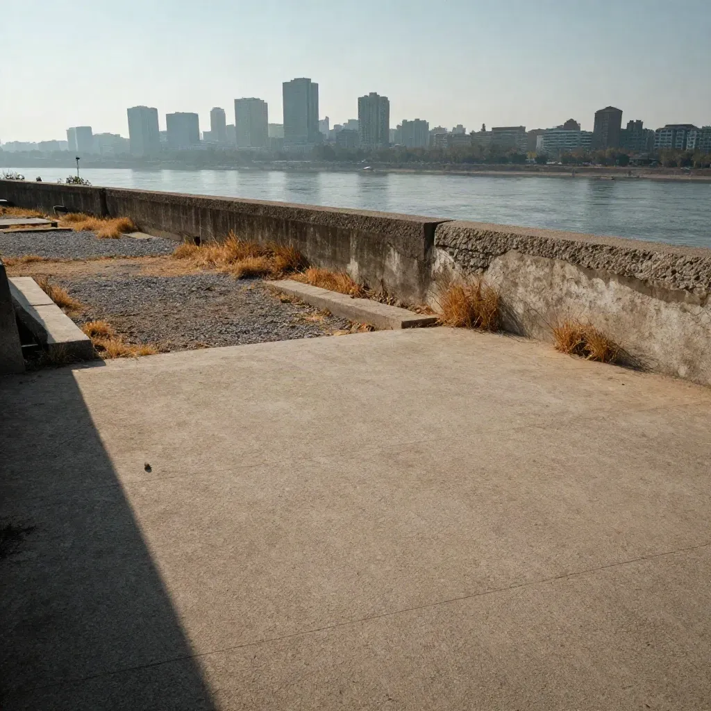 Heat-shimmer riverside overlook with concrete steps, dry grass, and distant downtown skyline.