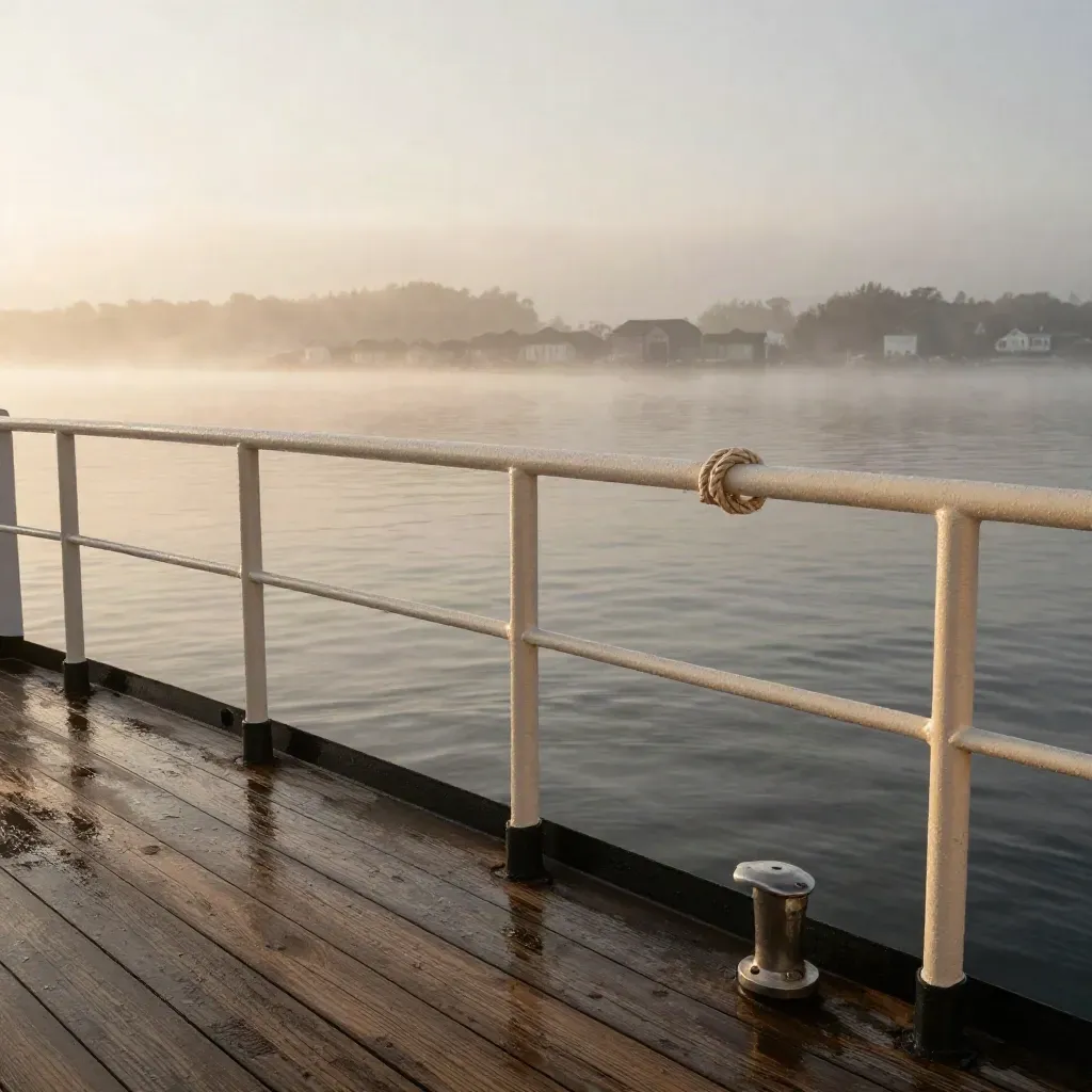 Foggy sunrise ferry deck above calm water, pale railing, mist-softened shoreline, gold light.