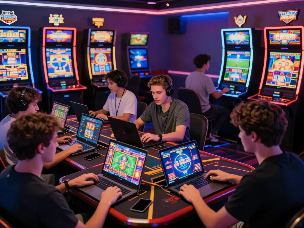 Dynamic scene of players enjoying diverse online games at https://nbet.group/, showcasing a lively virtual casino atmosphere.