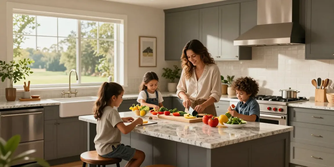 Custom kitchen countertops in Hamilton featured in a family kitchen, with a mother and children engaged in meal preparation.
