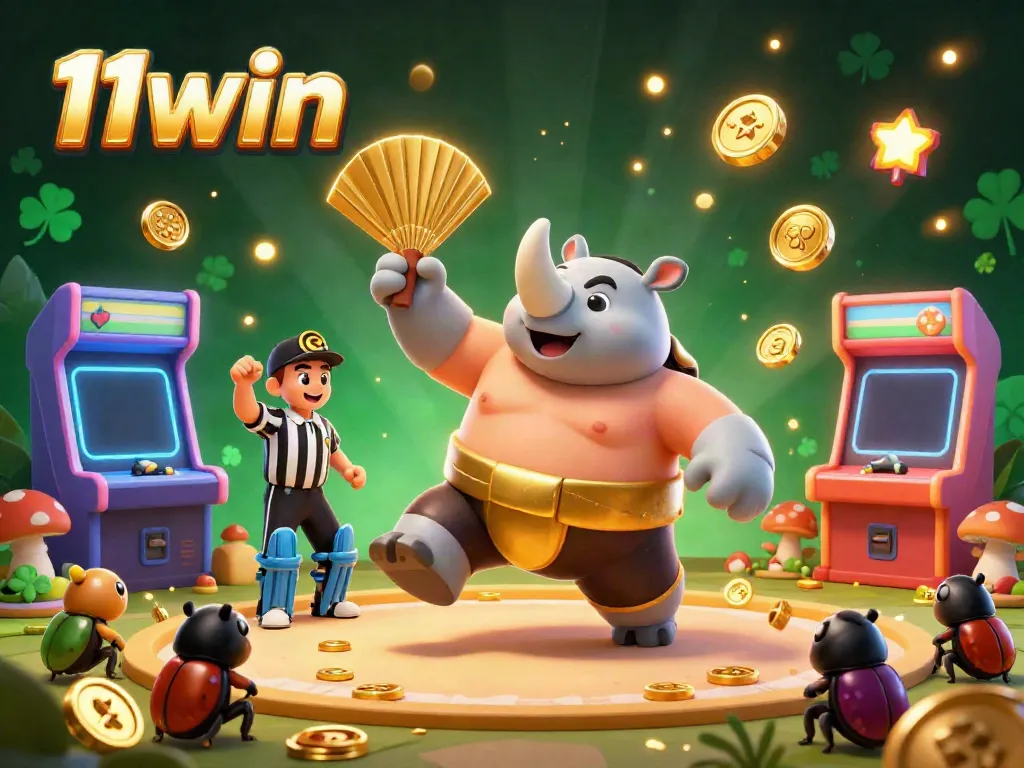 Experience the excitement of 11win with a dynamic 3D scene of a beetle sumo champion surrounded by gaming elements.