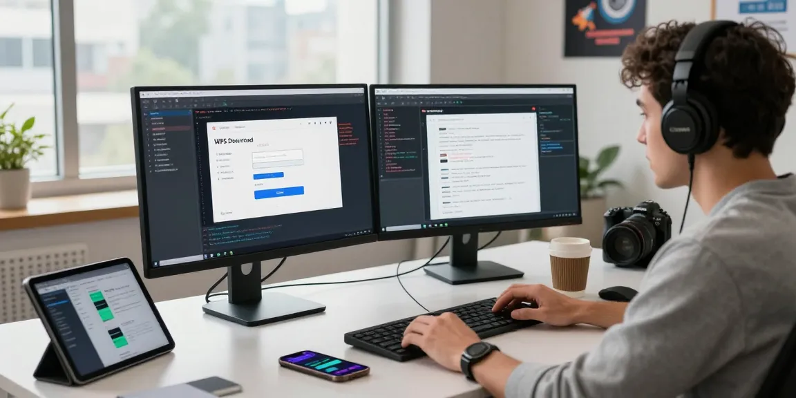 WPS Download interface on a developer's dual screens in a modern workspace, showcasing productivity.