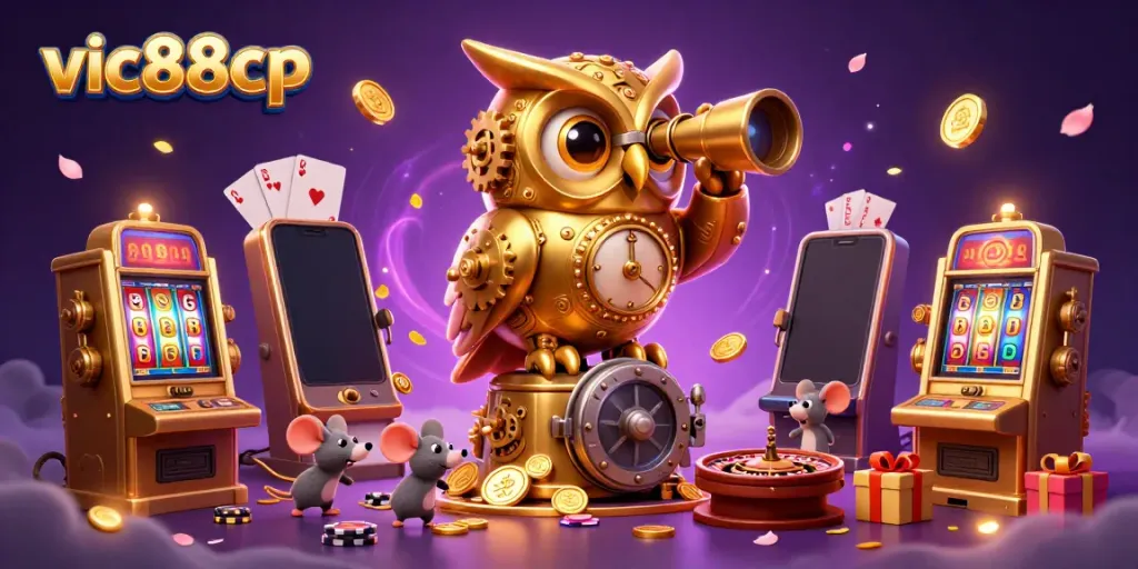 Enjoy thrilling gaming at vic88cp with vibrant 3D illustration showcasing spinning slot reels and golden coins.