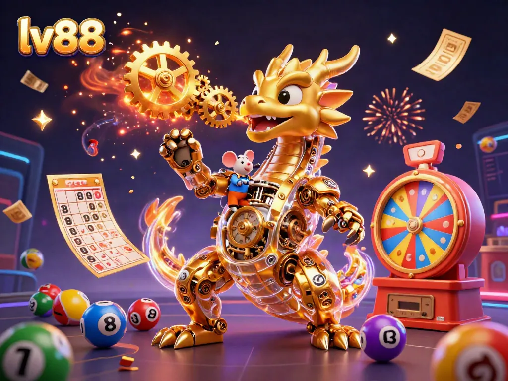 Experience thrilling gameplay at lv88 with a dynamic scene of a golden dragon amidst colorful lottery elements.