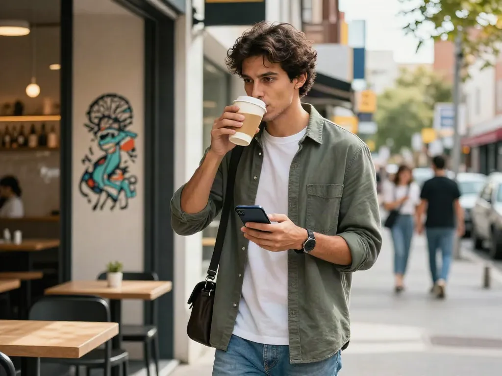 Is streek legit in Canada? Confident person enjoying coffee in urban café, engaging with e-commerce reviews.