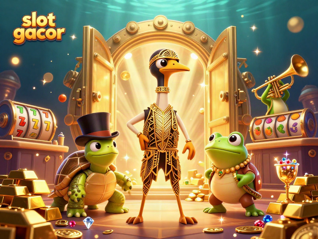 Activate your luck with slot gacor at this vibrant 3D casino scene featuring rich jewels and characters.