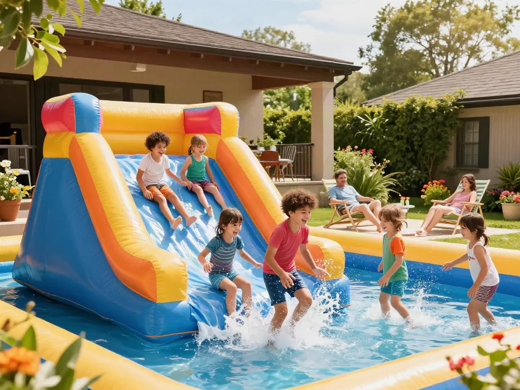 Children laughing and splashing on a water slide in a sunny backyard.