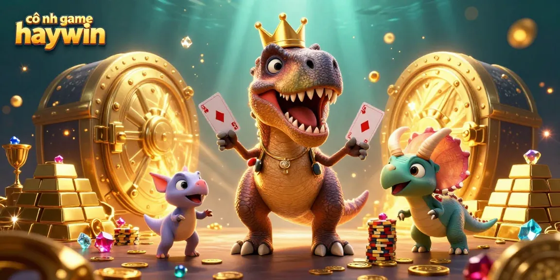 Join the excitement at cổng game haywin with a playful T-Rex shuffling cards among glimmering treasures.